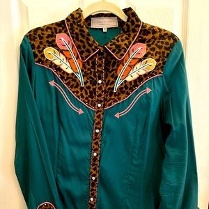Double D Ranch pearl snap teal multi color western top size Medium